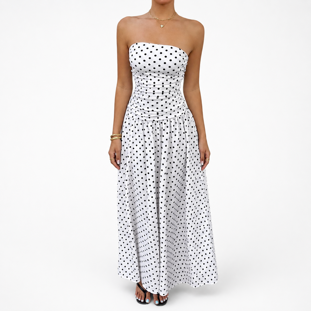 Fashion Floora Women's Polka Dot Strapless Ruched Maxi Dress