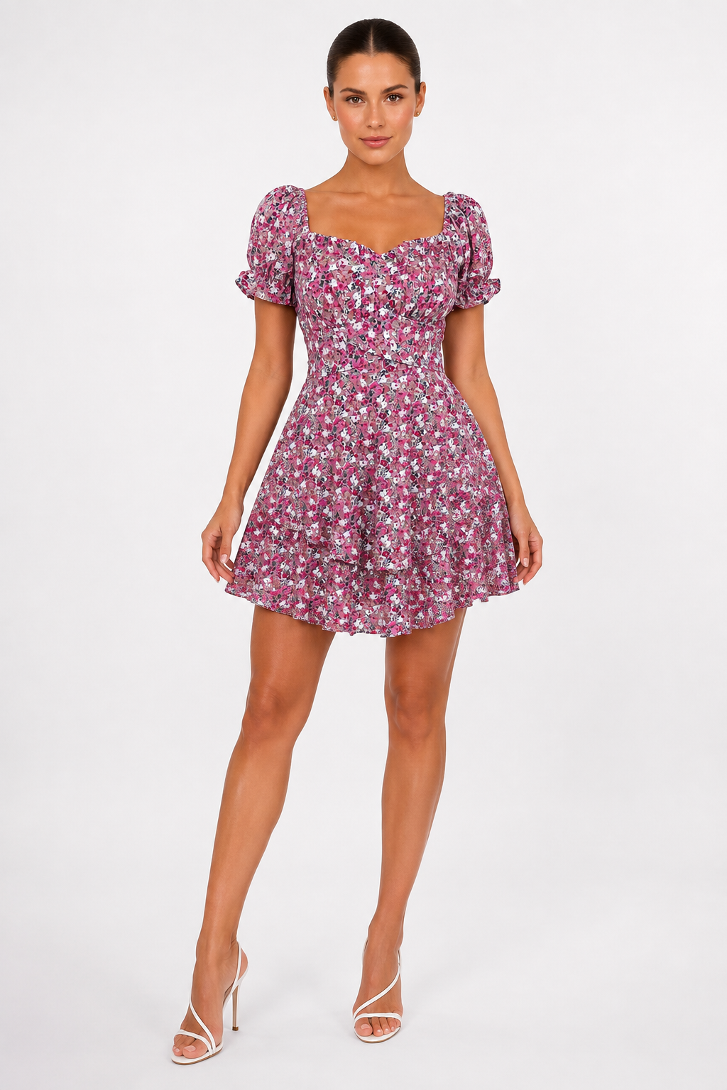 Fashion Floora Women's Floral Print Ruffle Hem Short Sleeve Mini Dress