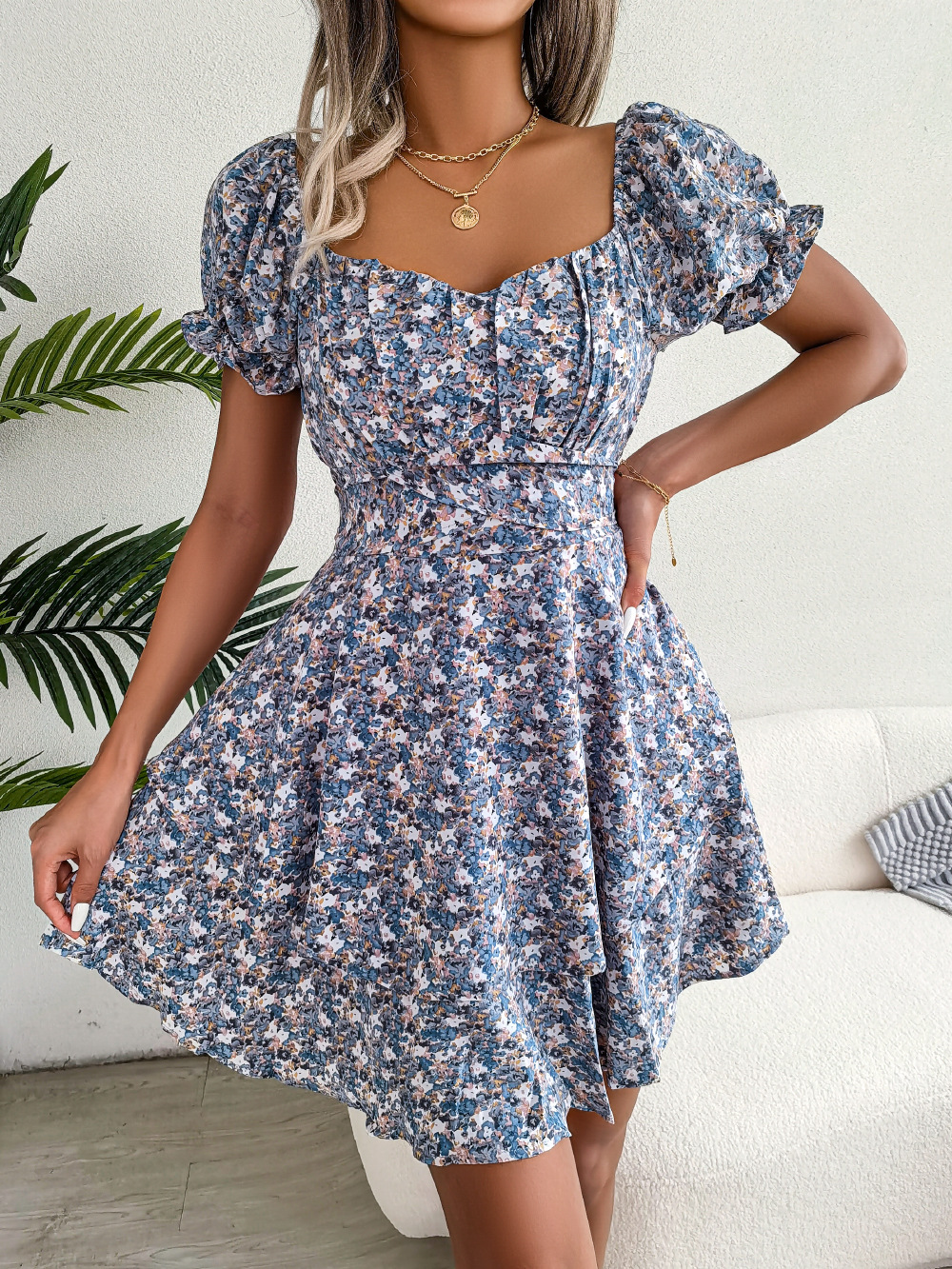 Fashion Floora Women's Floral Print Ruffle Hem Short Sleeve Mini Dress