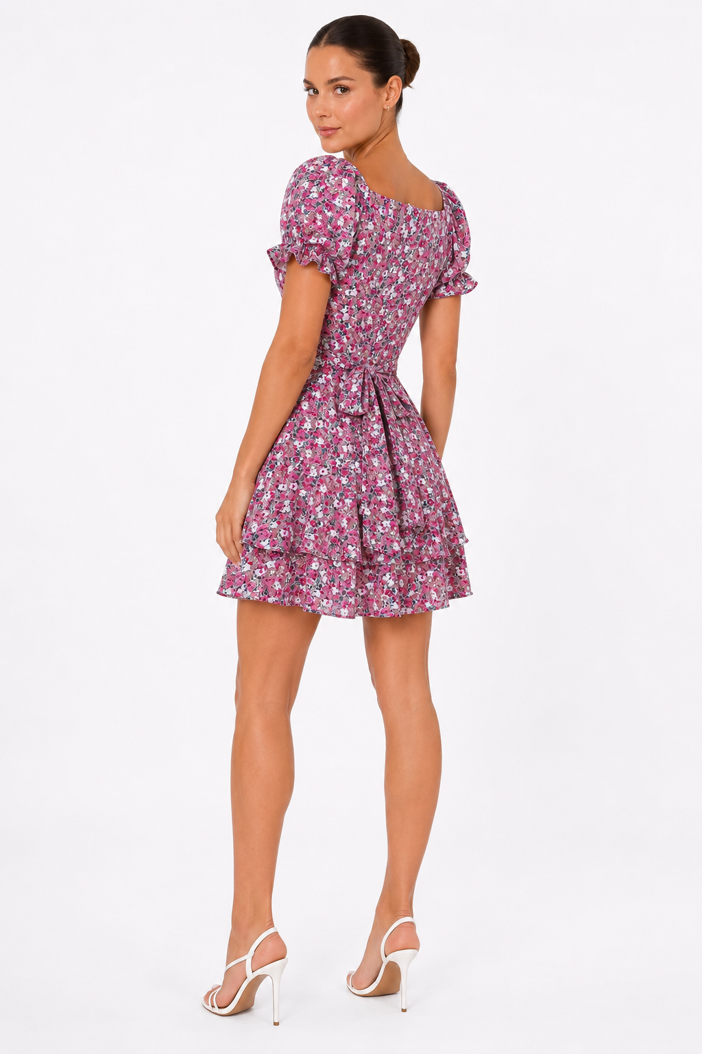 Fashion Floora Women's Floral Print Ruffle Hem Short Sleeve Mini Dress