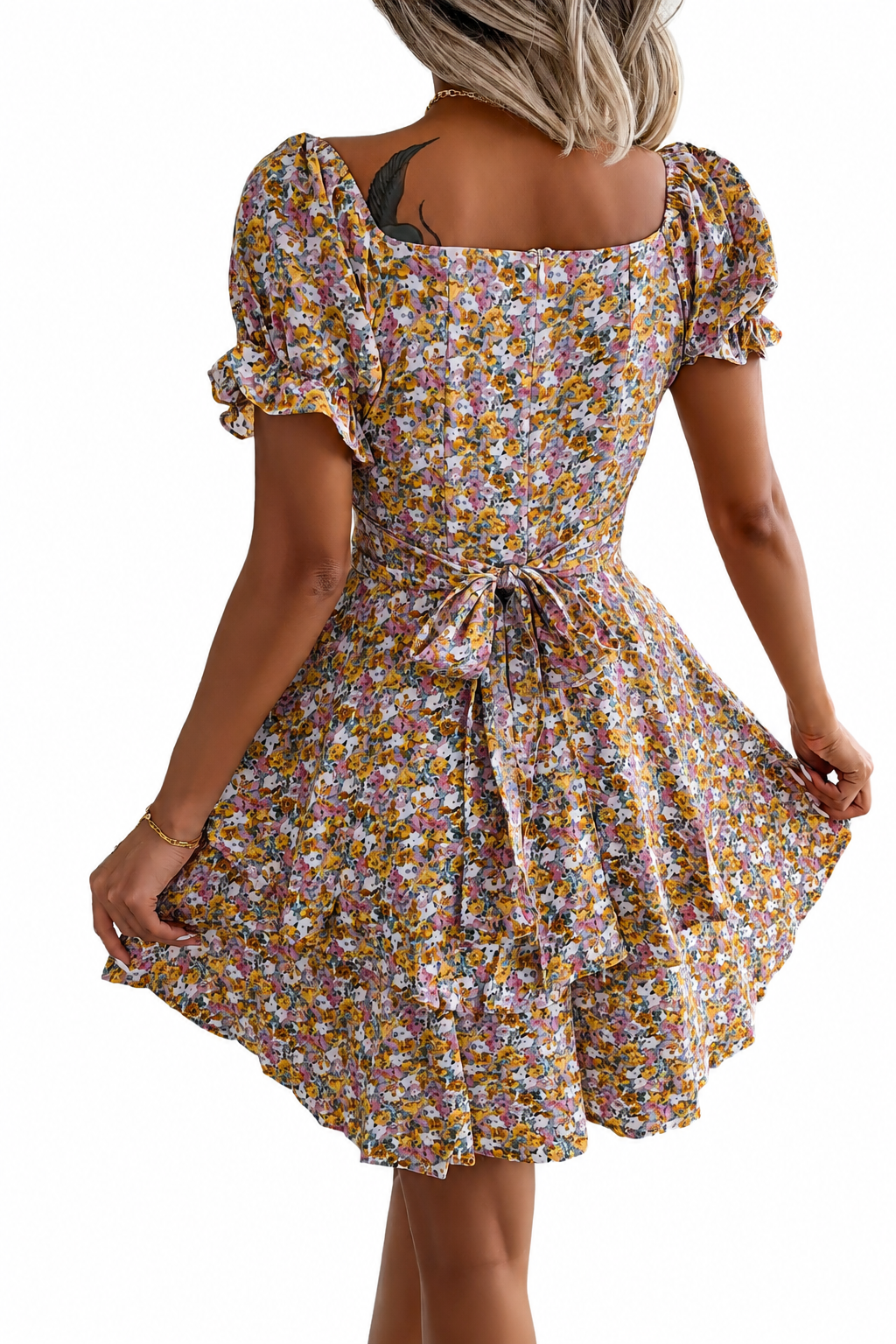 Fashion Floora Women's Floral Print Ruffle Hem Short Sleeve Mini Dress