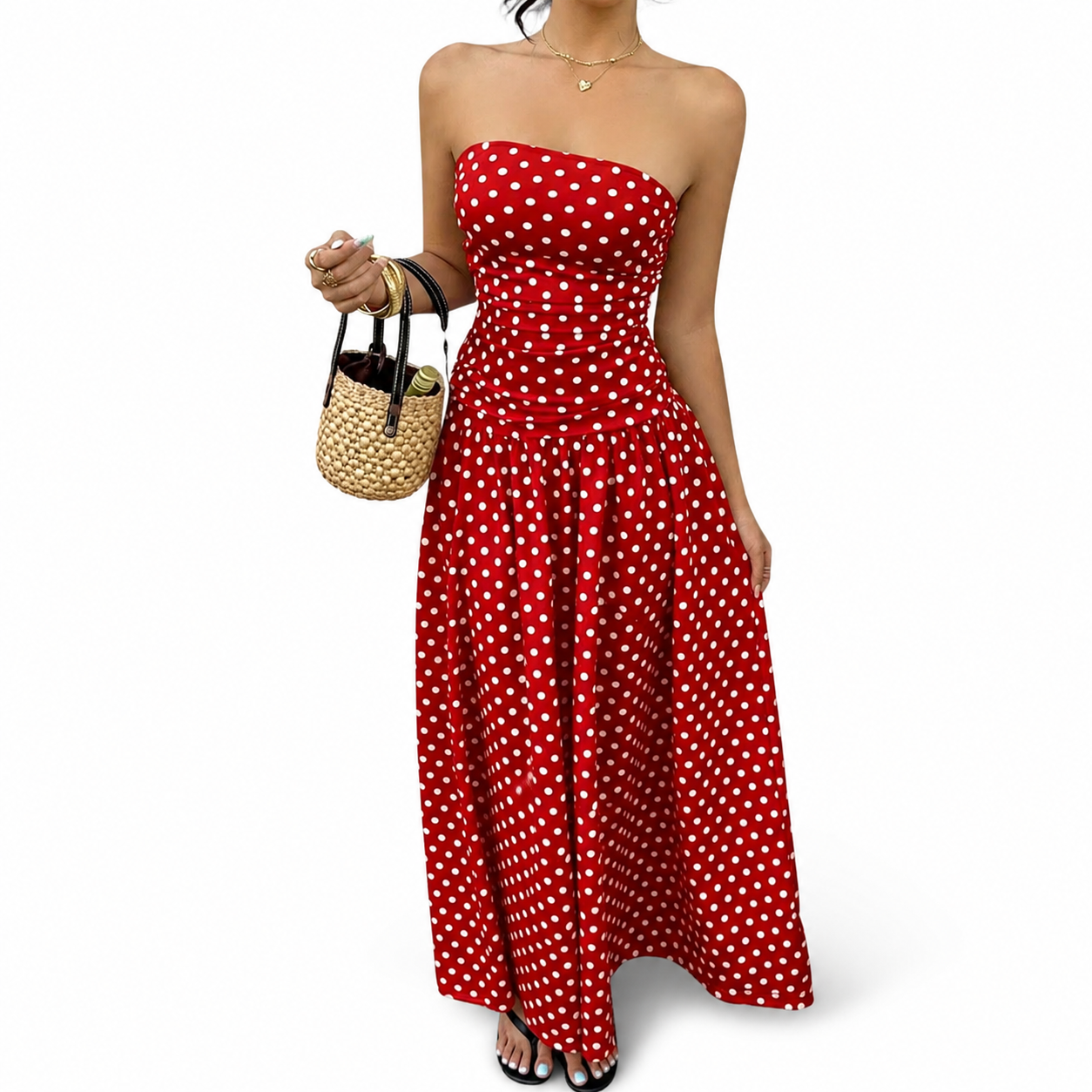 Fashion Floora Women's Polka Dot Strapless Ruched Maxi Dress
