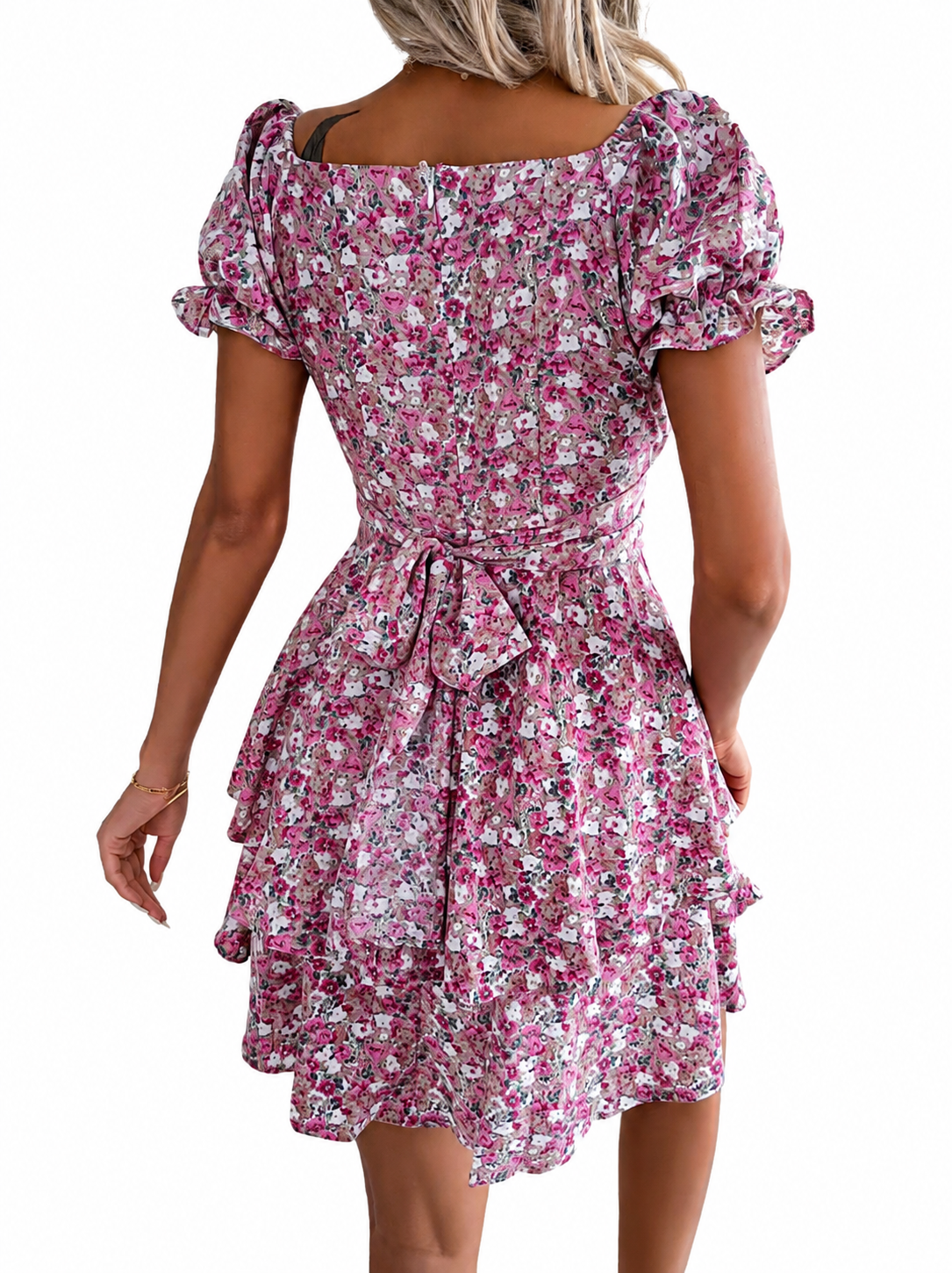 Fashion Floora Women's Floral Print Ruffle Hem Short Sleeve Mini Dress
