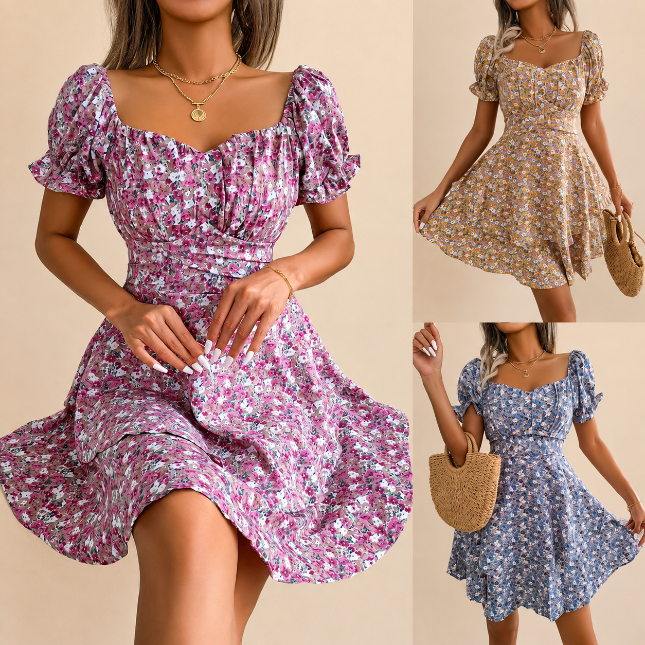 Fashion Floora Women's Floral Print Ruffle Hem Short Sleeve Mini Dress