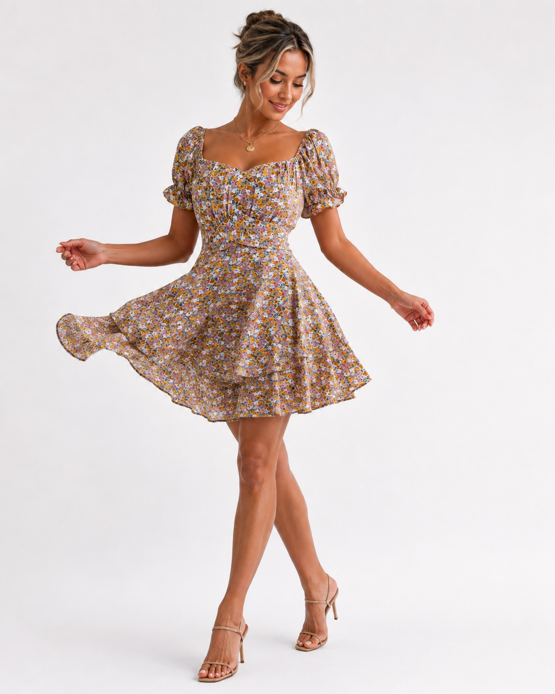 Fashion Floora Women's Floral Print Ruffle Hem Short Sleeve Mini Dress