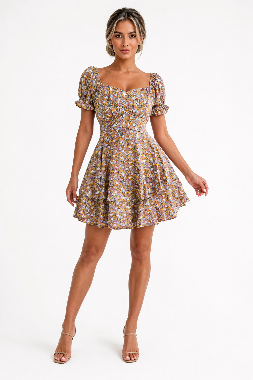 Fashion Floora Women's Floral Print Ruffle Hem Short Sleeve Mini Dress