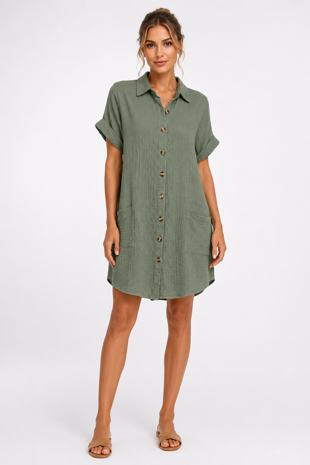 Fashion Floora Women's Collared Button-Down Shirt Dress with Pockets