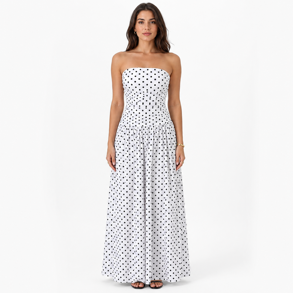 Fashion Floora Women's Polka Dot Strapless Ruched Maxi Dress