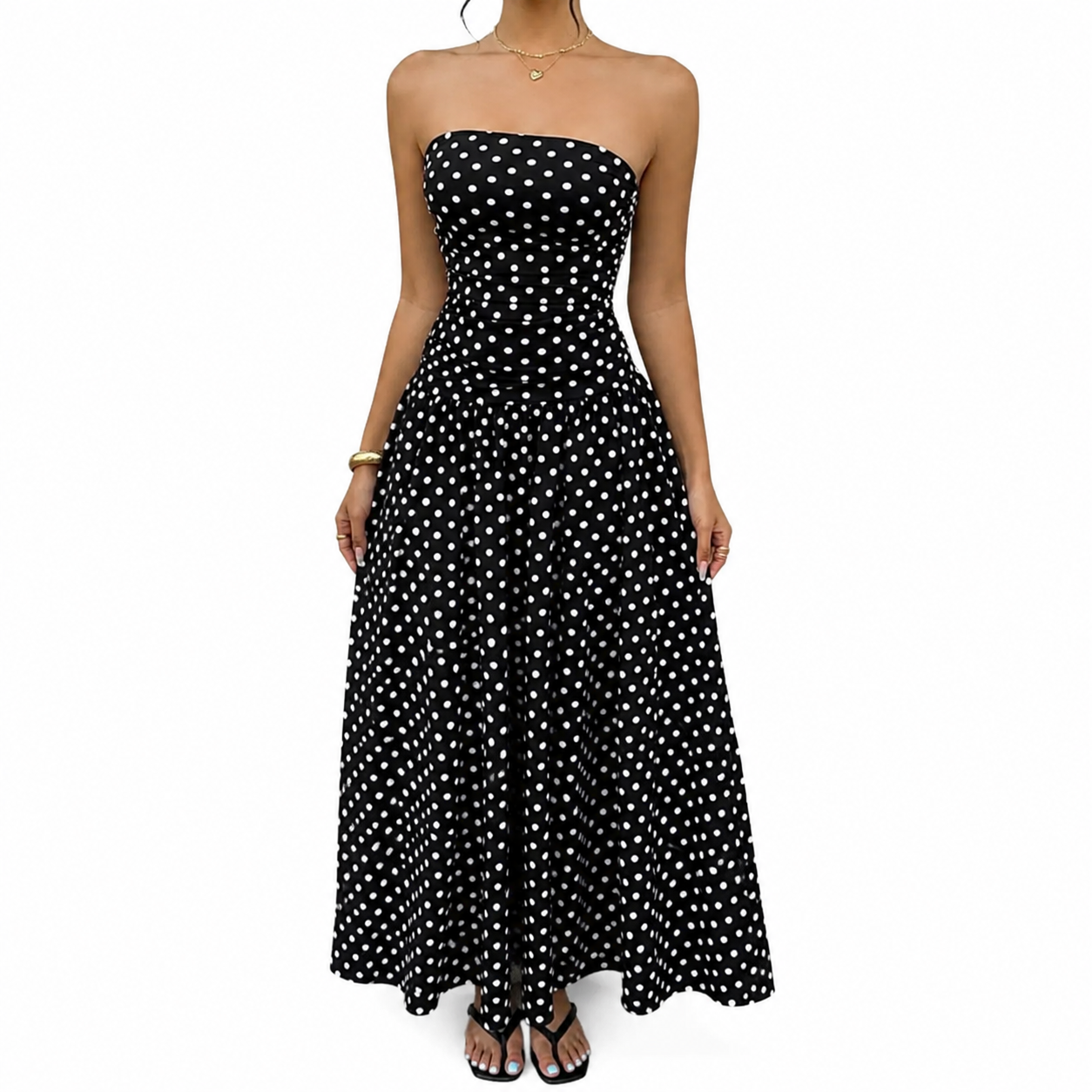 Fashion Floora Women's Polka Dot Strapless Ruched Maxi Dress