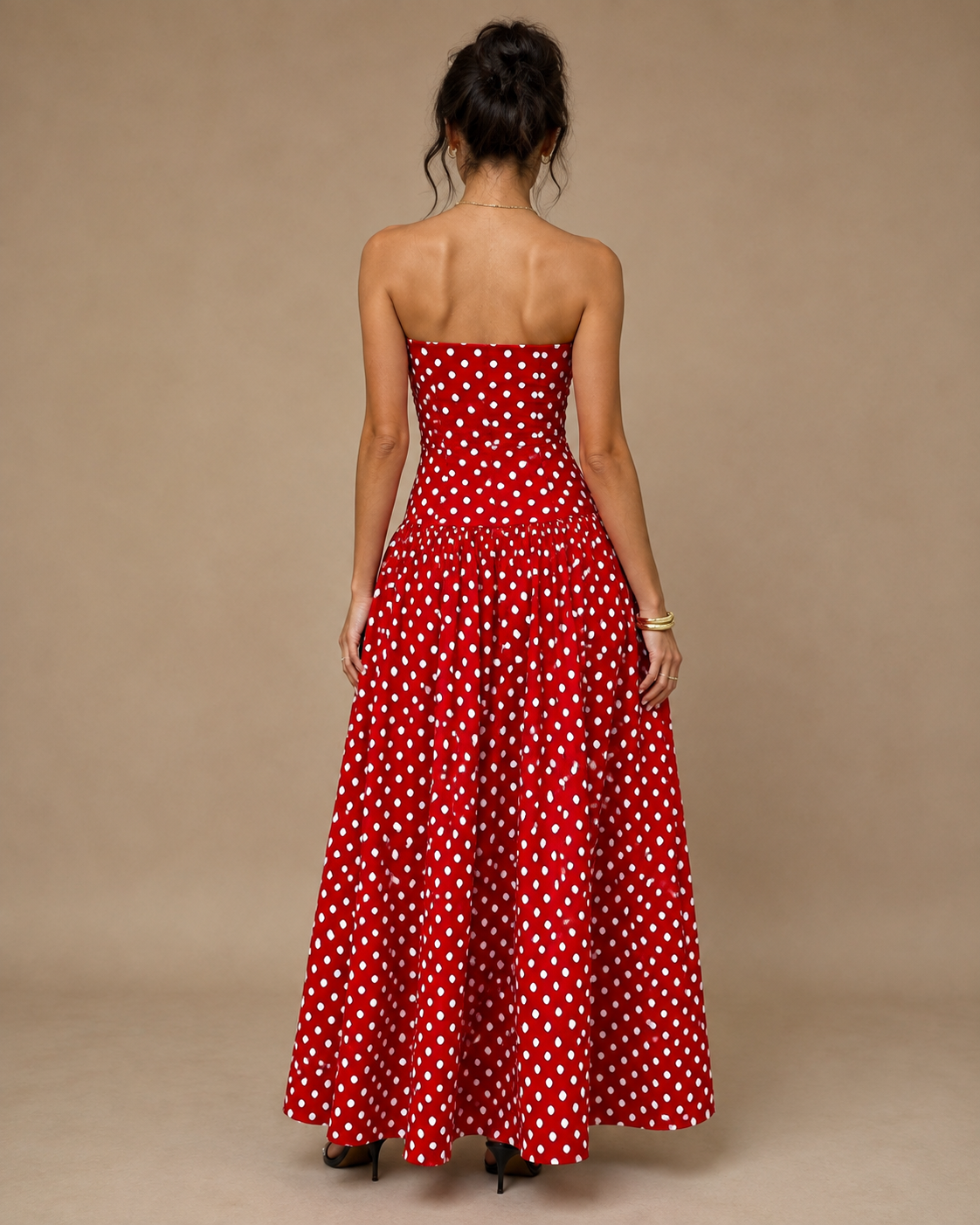Fashion Floora Women's Polka Dot Strapless Ruched Maxi Dress