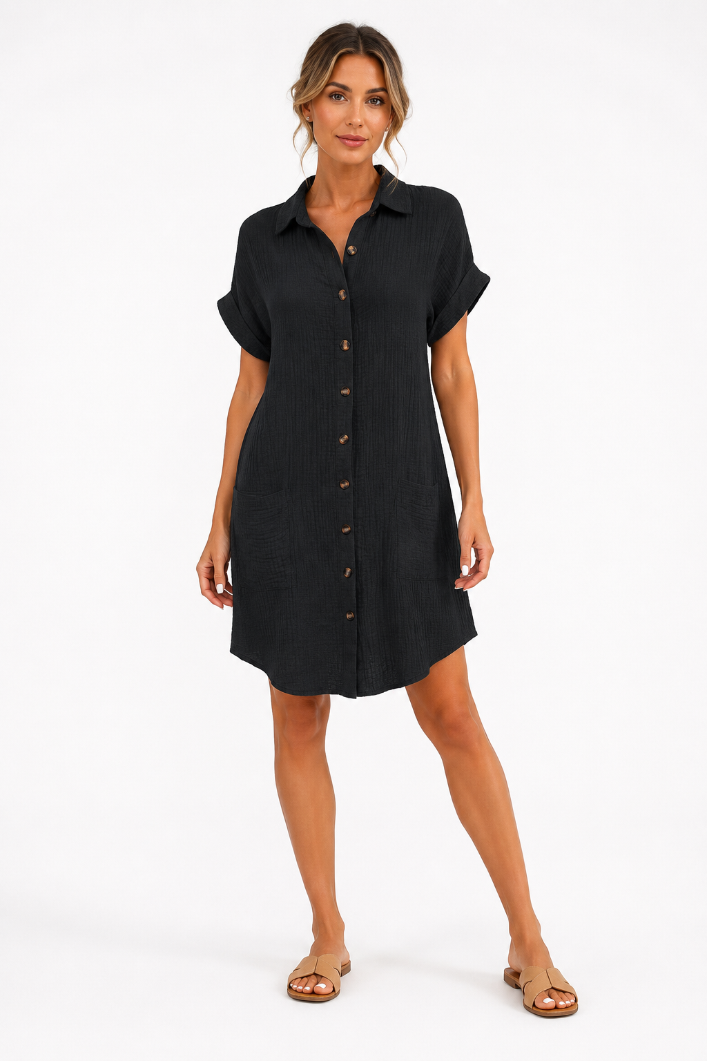 Fashion Floora Women's Collared Button-Down Shirt Dress with Pockets