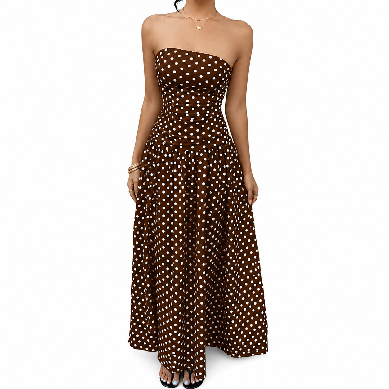 Fashion Floora Women's Polka Dot Strapless Ruched Maxi Dress