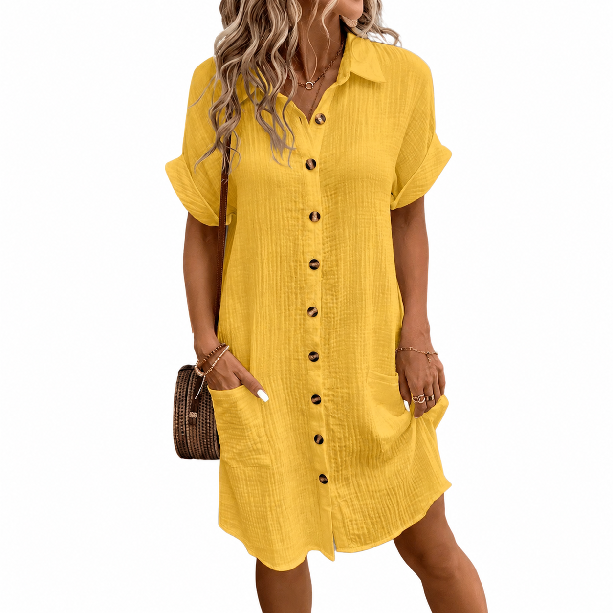 Fashion Floora Women's Collared Button-Down Shirt Dress with Pockets
