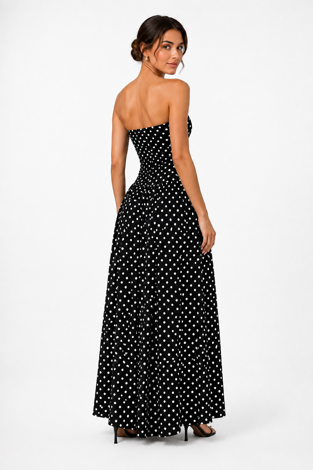 Fashion Floora Women's Polka Dot Strapless Ruched Maxi Dress