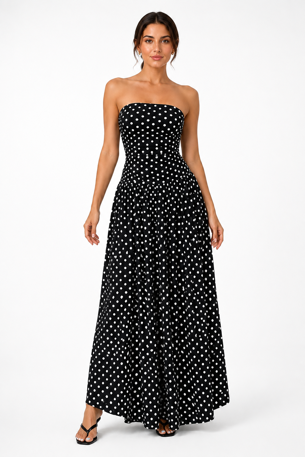 Fashion Floora Women's Polka Dot Strapless Ruched Maxi Dress