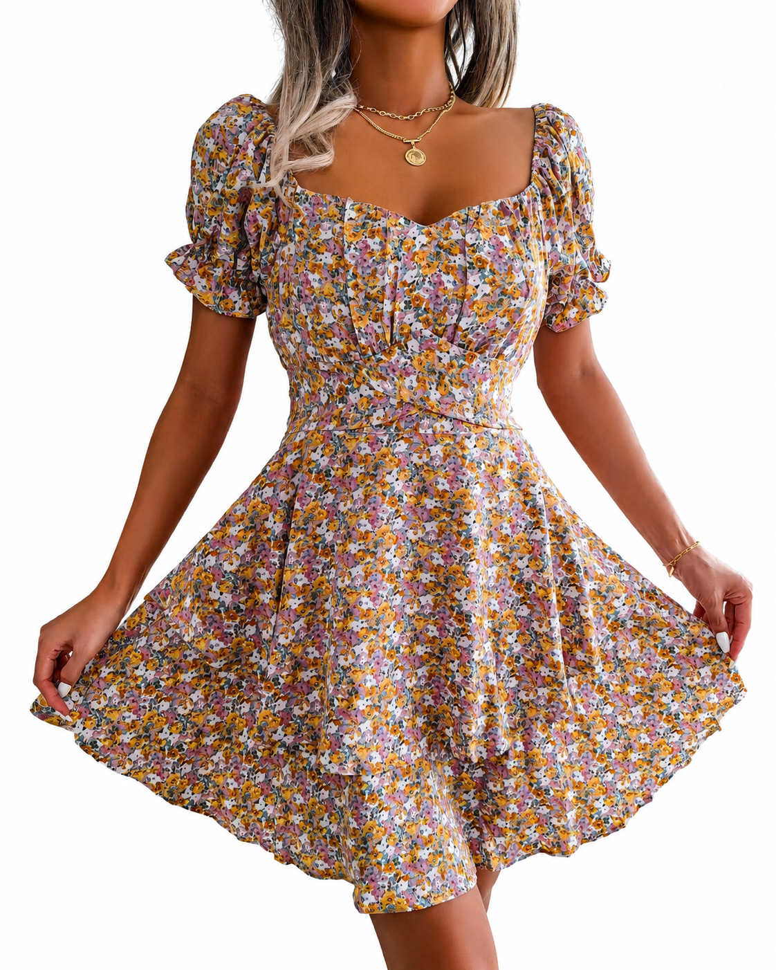 Fashion Floora Women's Floral Print Ruffle Hem Short Sleeve Mini Dress