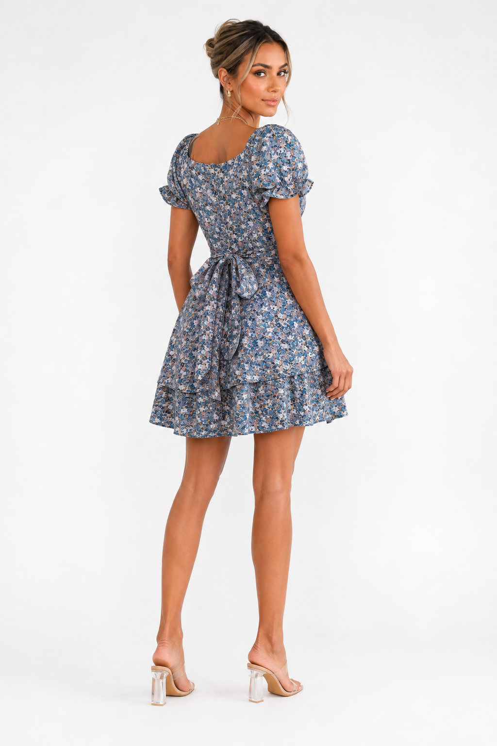 Fashion Floora Women's Floral Print Ruffle Hem Short Sleeve Mini Dress