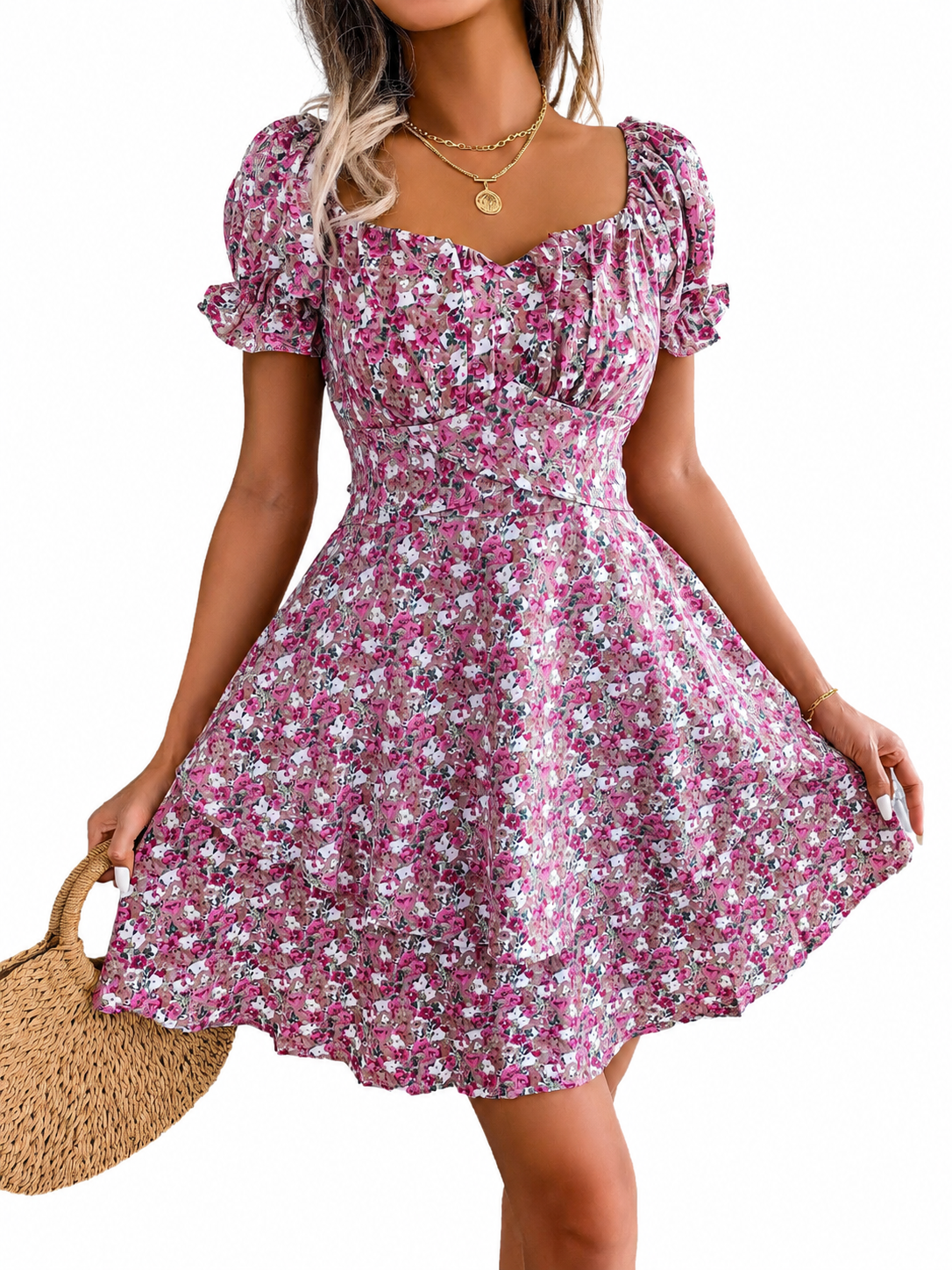 Fashion Floora Women's Floral Print Ruffle Hem Short Sleeve Mini Dress