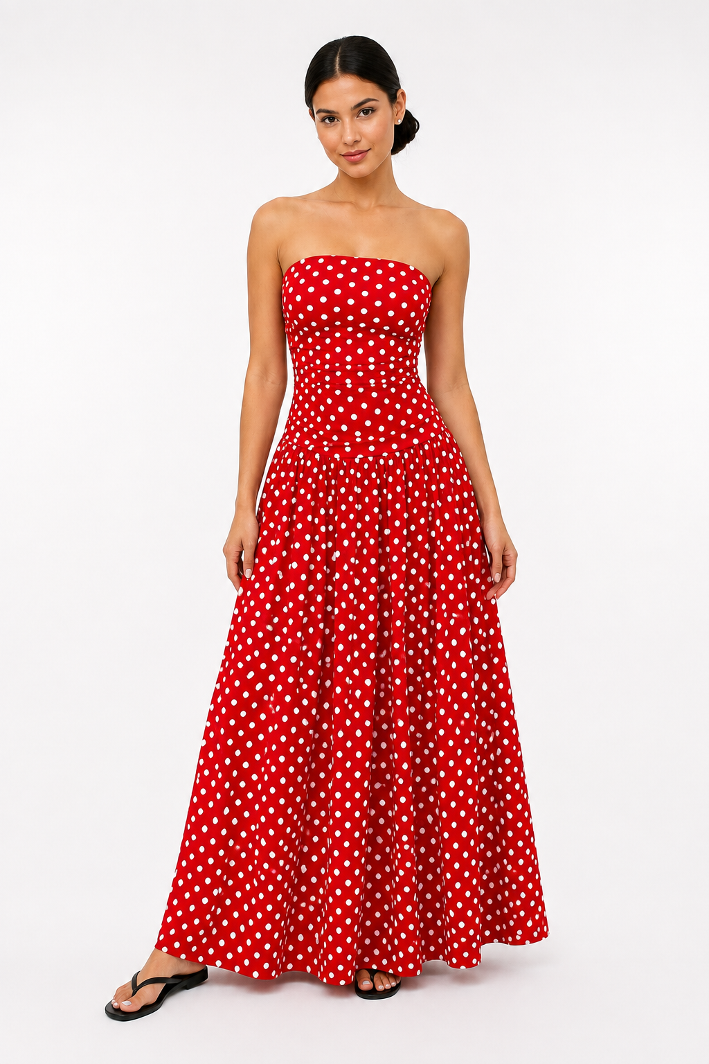 Fashion Floora Women's Polka Dot Strapless Ruched Maxi Dress