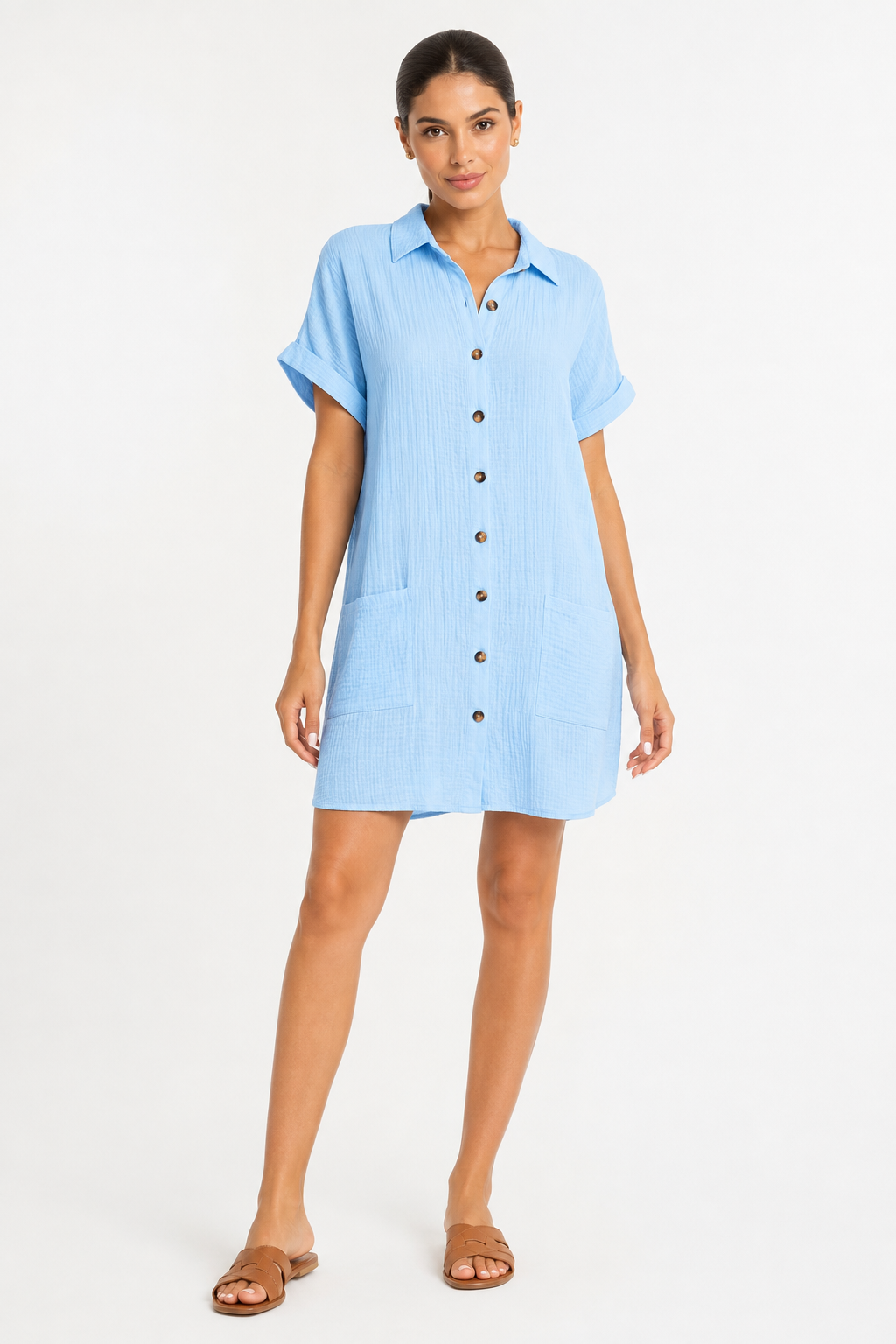 Fashion Floora Women's Collared Button-Down Shirt Dress with Pockets
