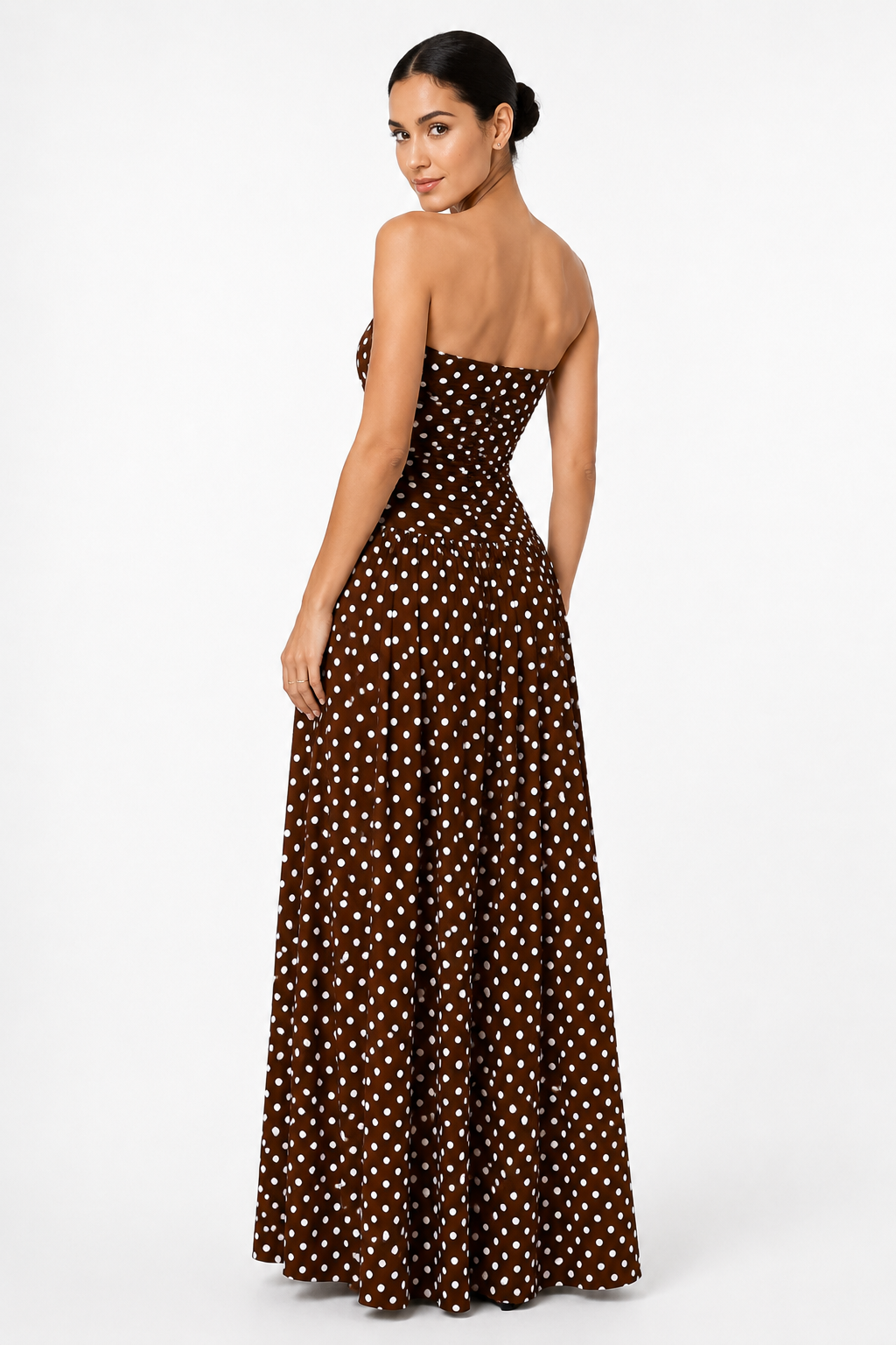 Fashion Floora Women's Polka Dot Strapless Ruched Maxi Dress