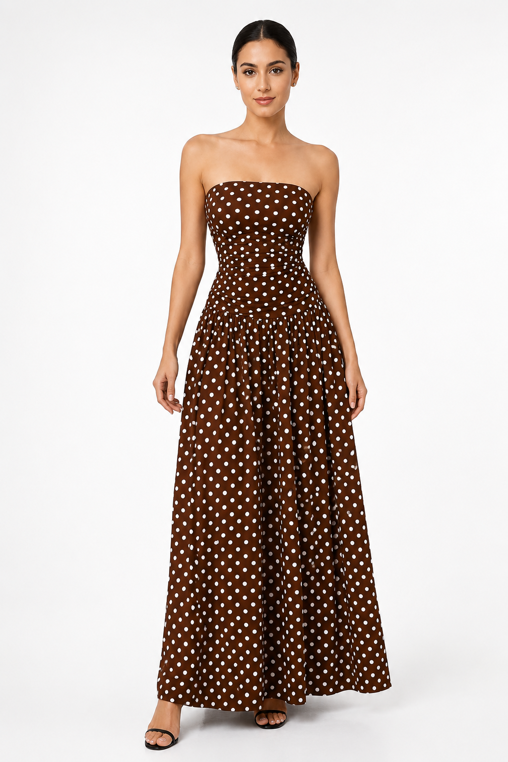 Fashion Floora Women's Polka Dot Strapless Ruched Maxi Dress